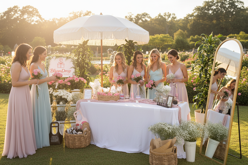 BloomDrop Flower Bar outdoor setup with guests enjoying the experience at golden hour