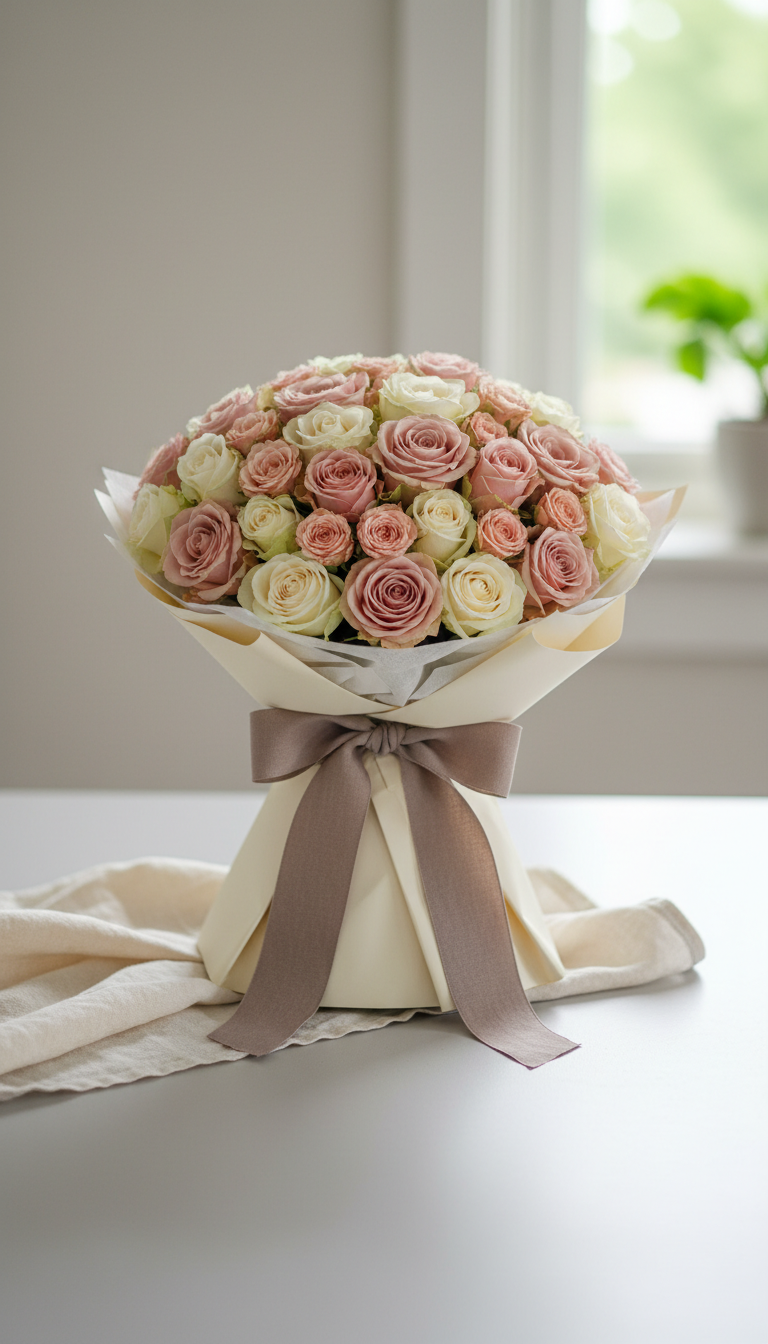 Blush rose bouquet with silk ribbon