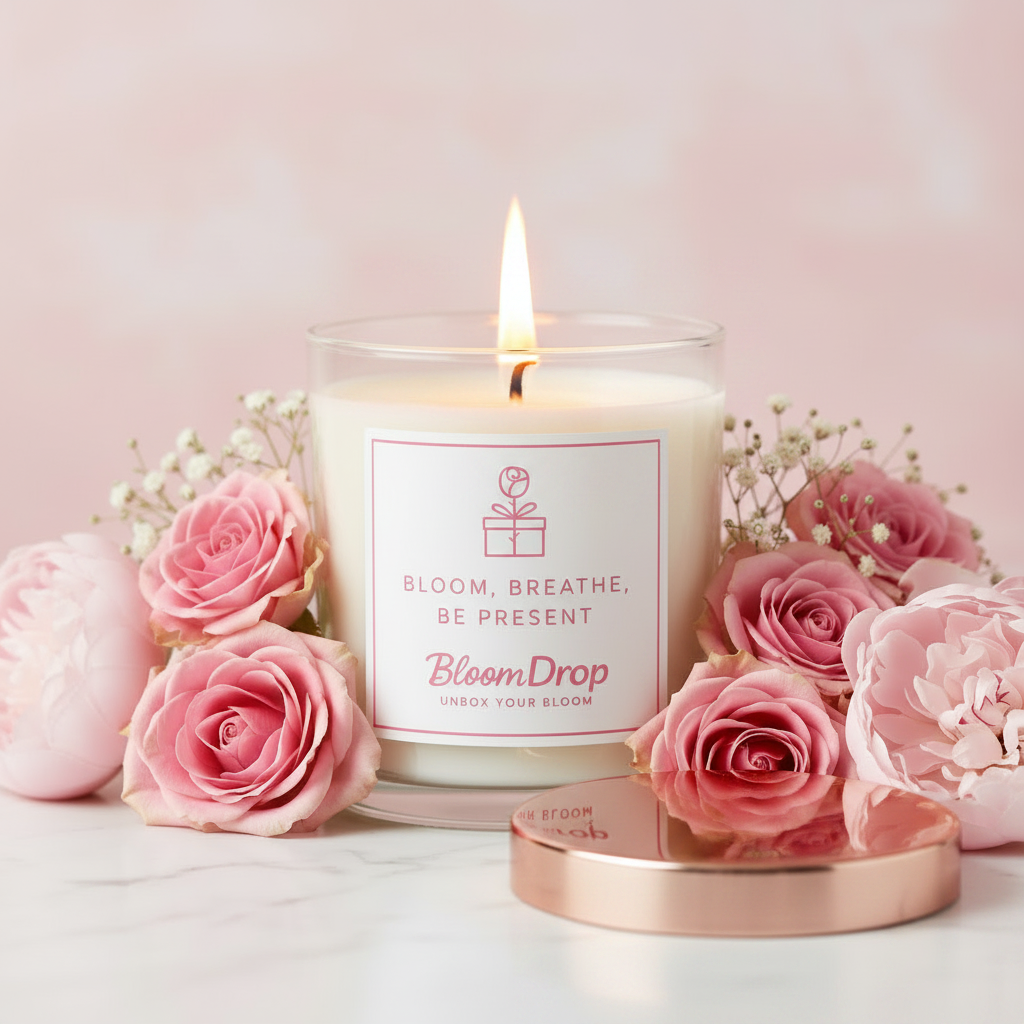 Hand-poured 8 oz soy candle with rose gold lid by Shop Bloom Drop"