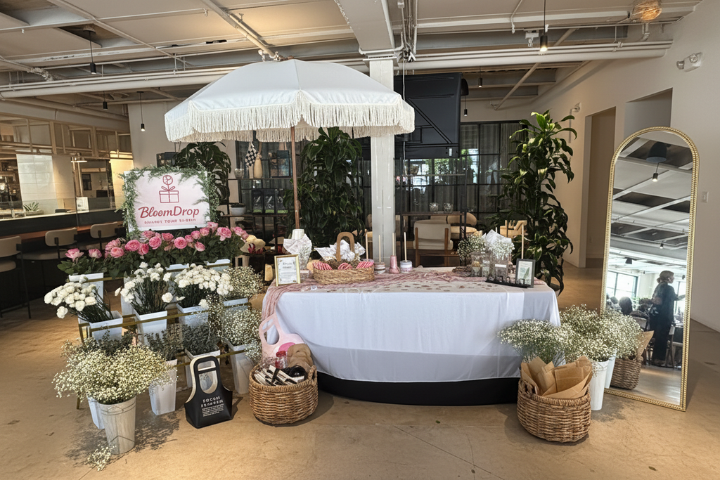 BloomDrop Flower Bar setup with white fringed umbrella, pink and white flowers, gold mirror and baby's breath baskets