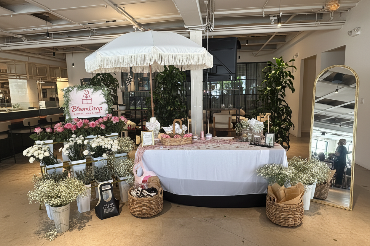 BloomDrop Flower Bar setup with white fringed umbrella, pink and white flowers, gold mirror and baby's breath baskets